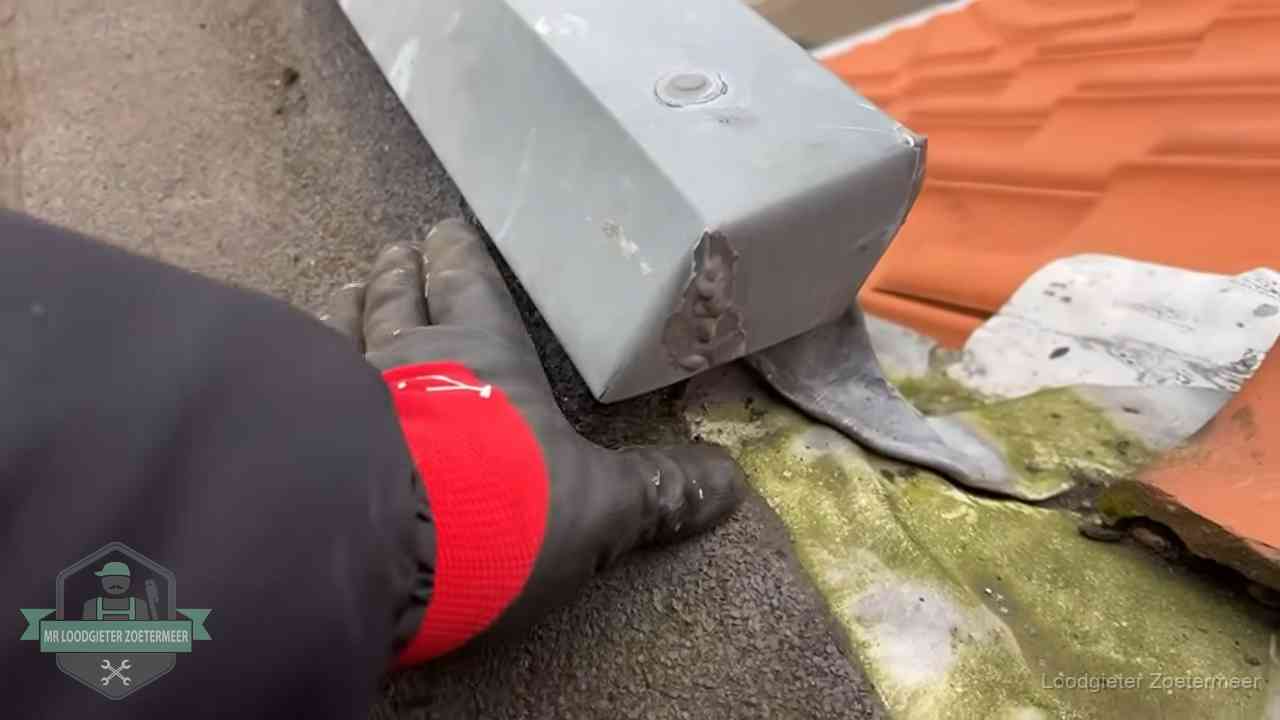 Controle van een zinken hemelwaterafvoer met loodslab bij dakpannen in Zoetermeer
